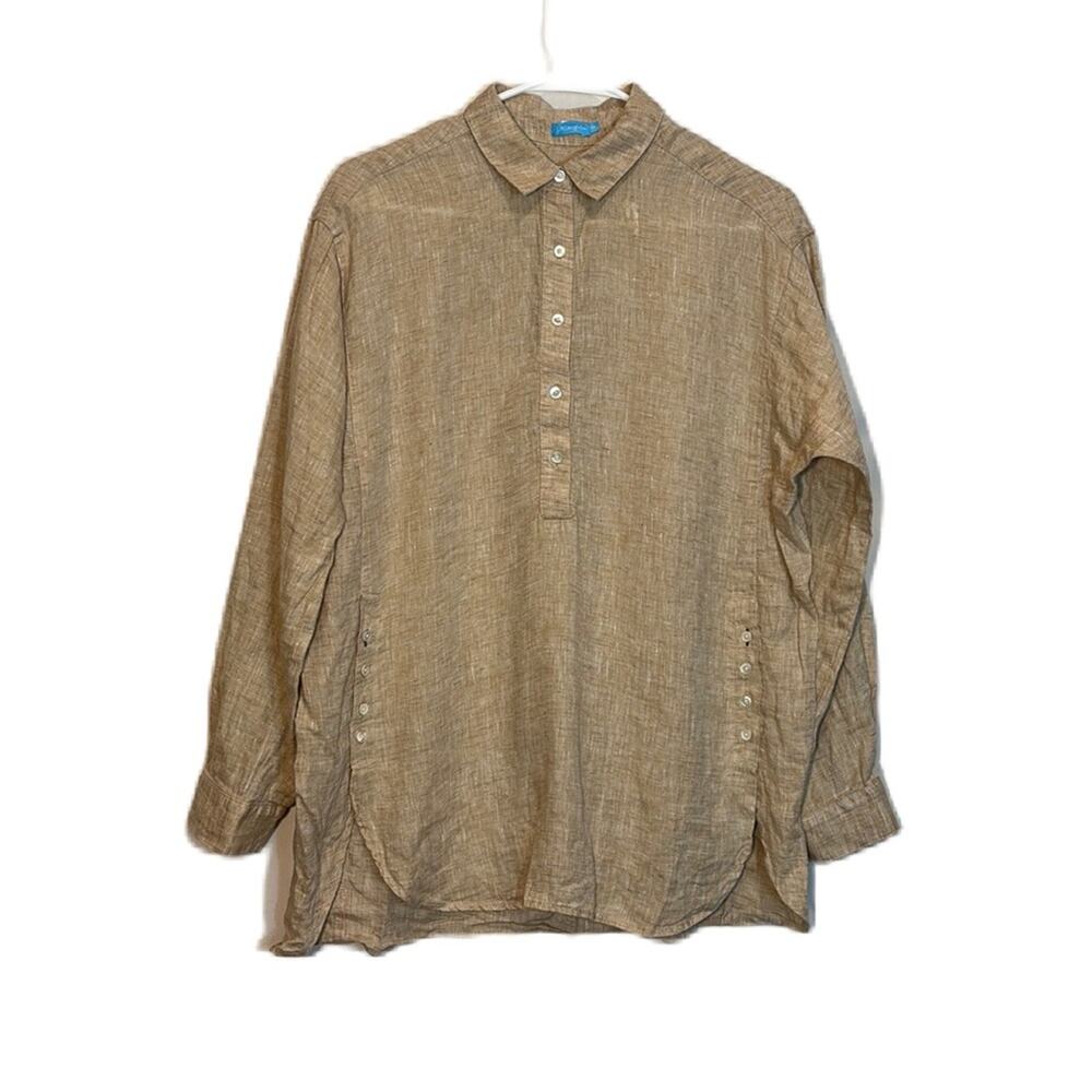 J. Mclaughlin Fallon Loose Fit Tan Linen Blouse Popover Summer Top Size M